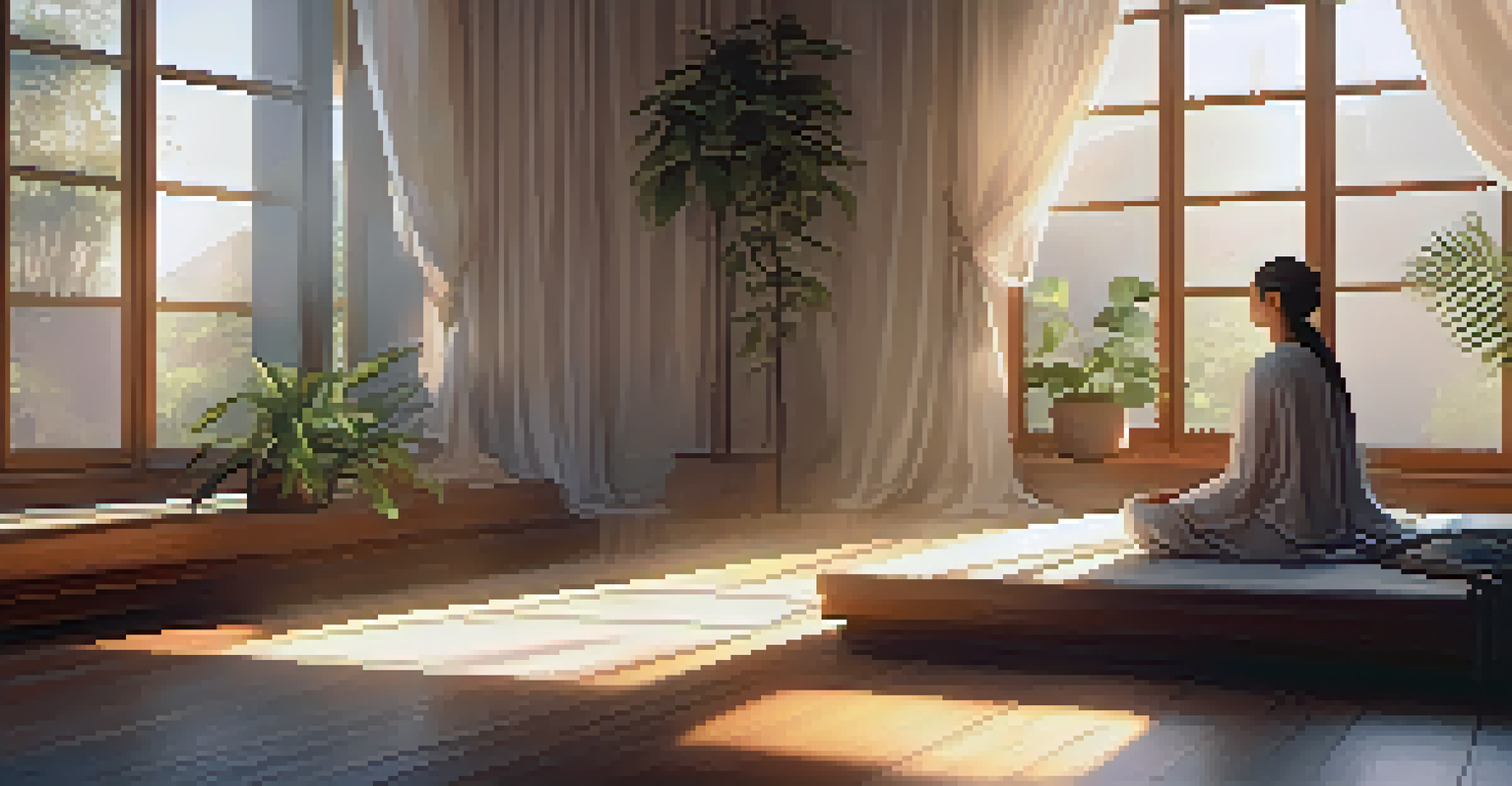 A tranquil meditation space with soft lighting, cushions, and a person meditating peacefully.