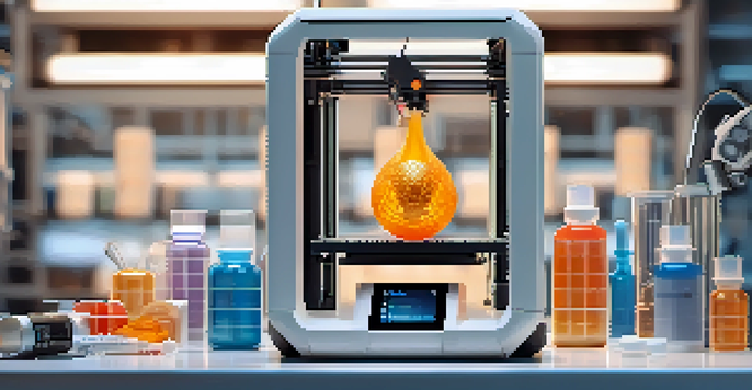 A close-up of a 3D printer in a lab, showing a partially printed pill and medical tools.