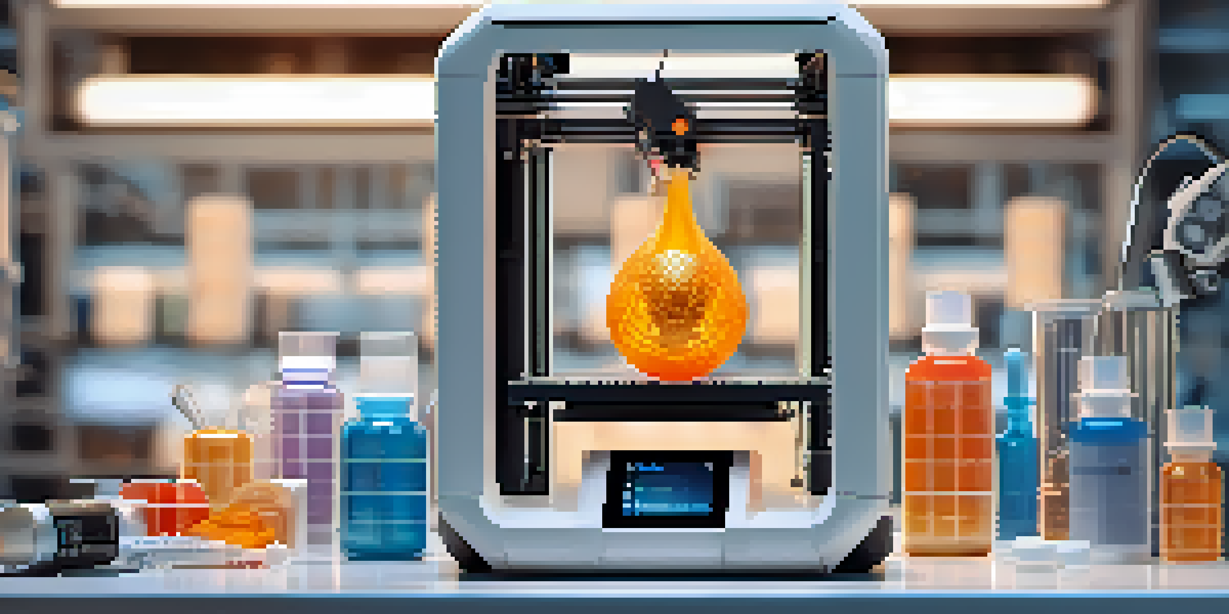 A close-up of a 3D printer in a lab, showing a partially printed pill and medical tools.