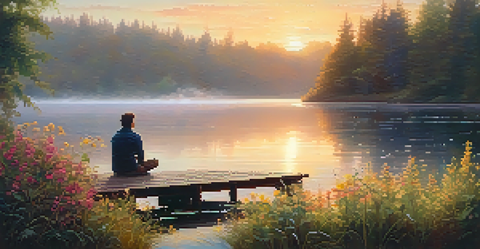 A person sitting on a dock by a lake at sunrise, surrounded by nature and flowers.