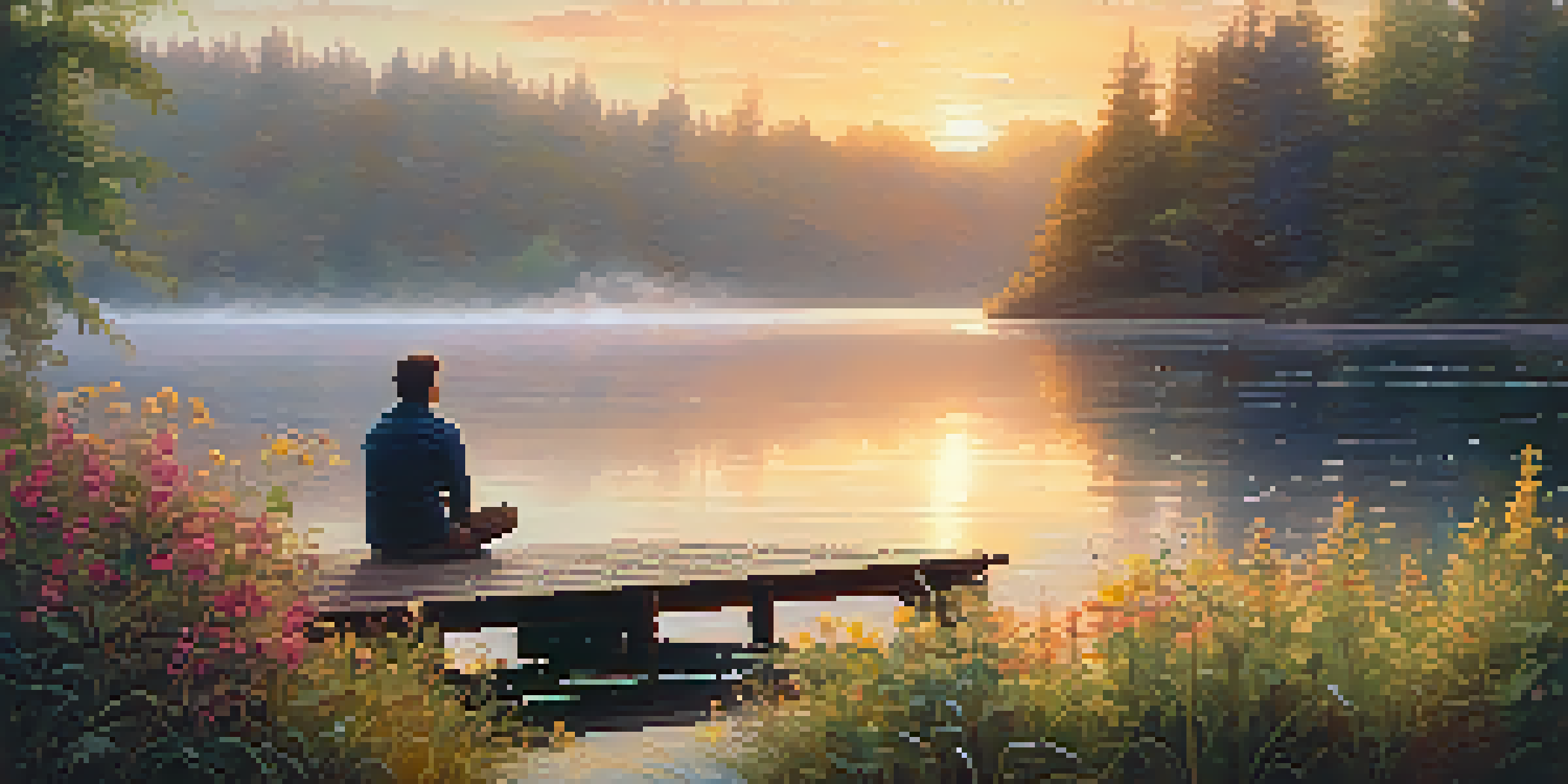 A person sitting on a dock by a lake at sunrise, surrounded by nature and flowers.
