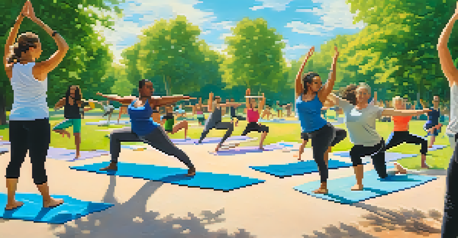 A diverse group practicing yoga in a park, showing support and community among participants.