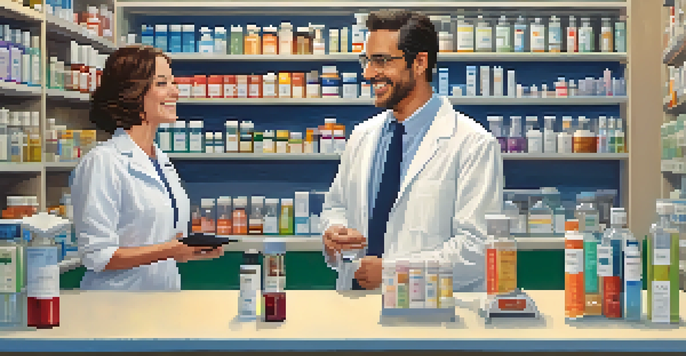 A pharmacist consulting with a patient in a pharmacy, displaying warmth and attentiveness.