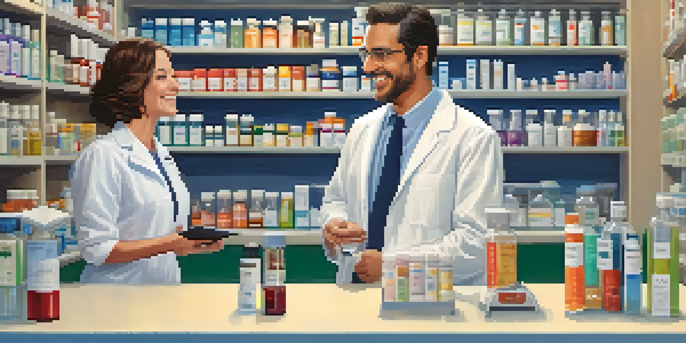 A pharmacist consulting with a patient in a pharmacy, displaying warmth and attentiveness.
