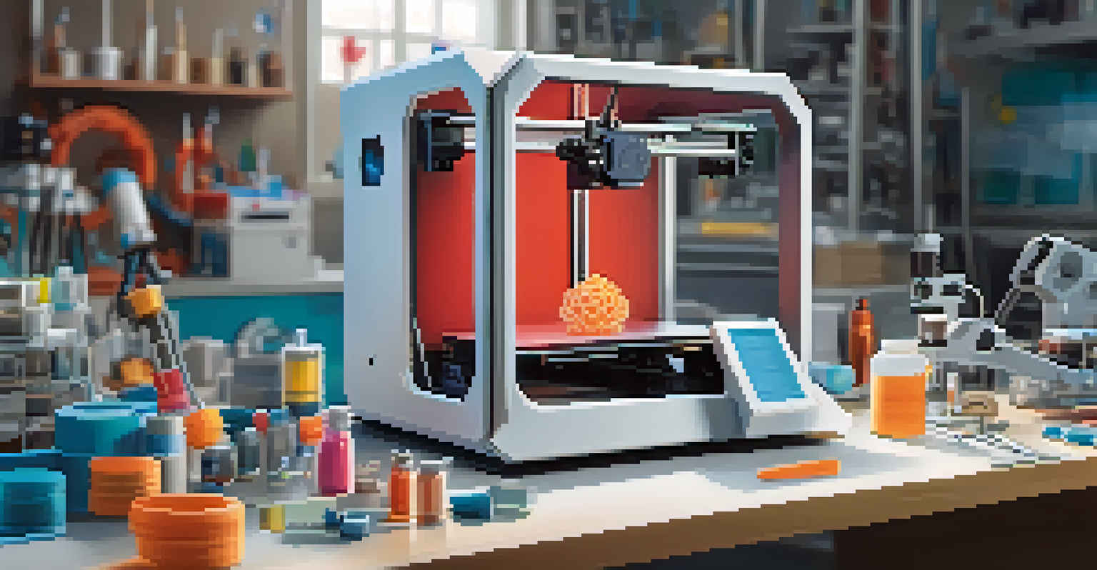 A 3D printer producing a custom medical implant in a bright workshop filled with medical models and tools.