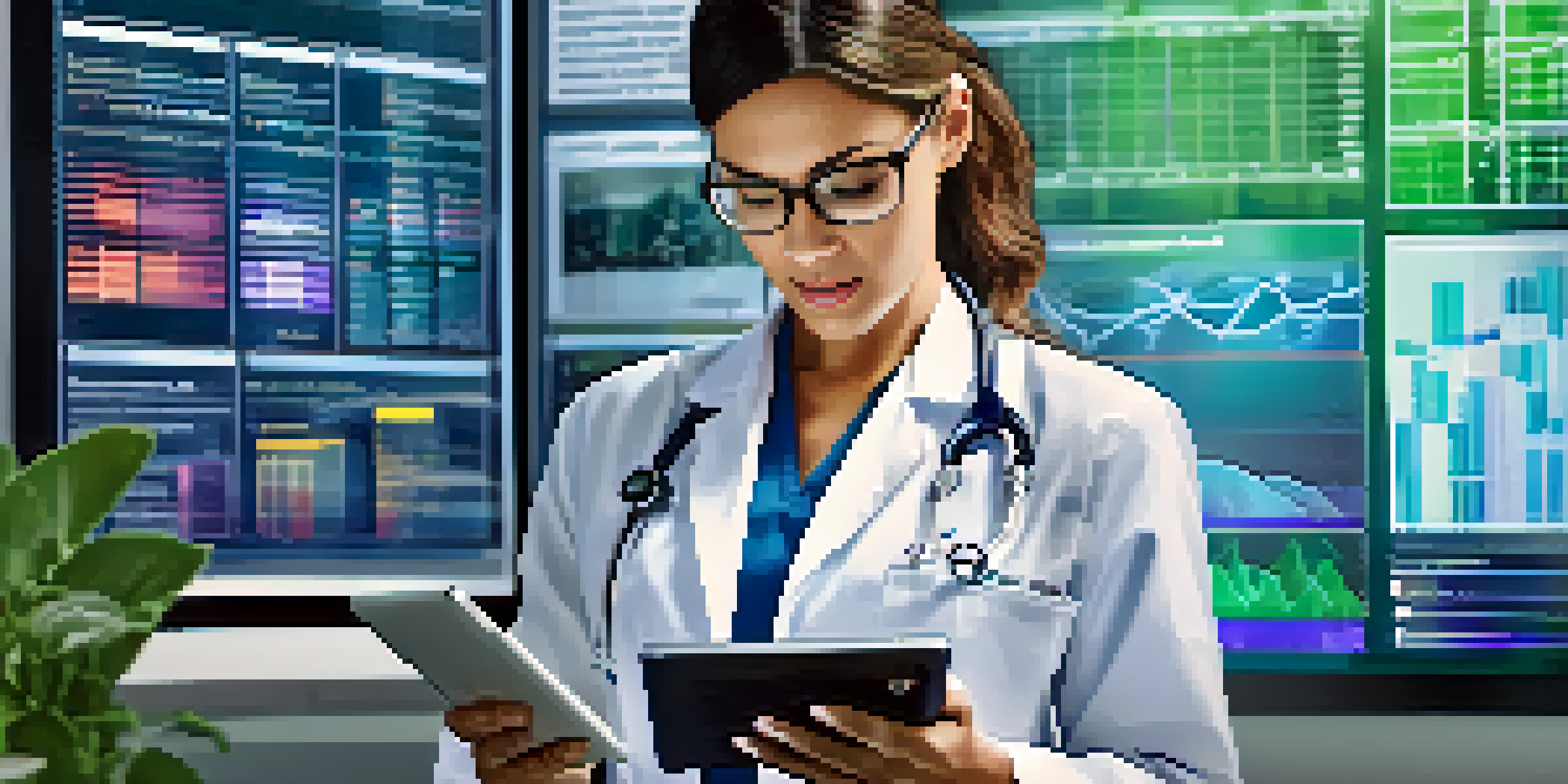 A healthcare professional using a digital tablet to analyze big data in a hospital, with graphs and charts displayed on a screen in the background.