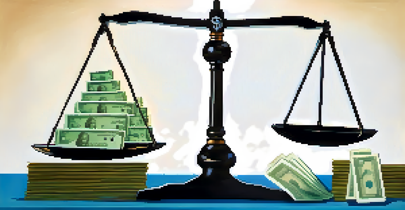 A balanced scale with money on one side and healthcare symbols on the other, set against a blue and green gradient background.