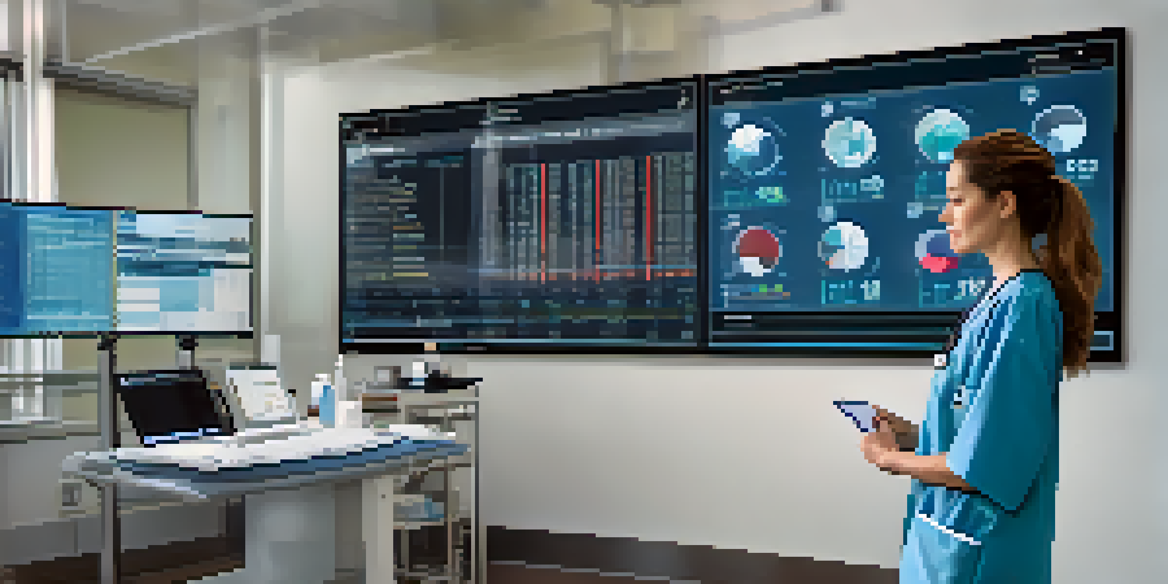 A healthcare professional in scrubs analyzing data on a digital screen in a modern hospital, with charts and graphs on display.