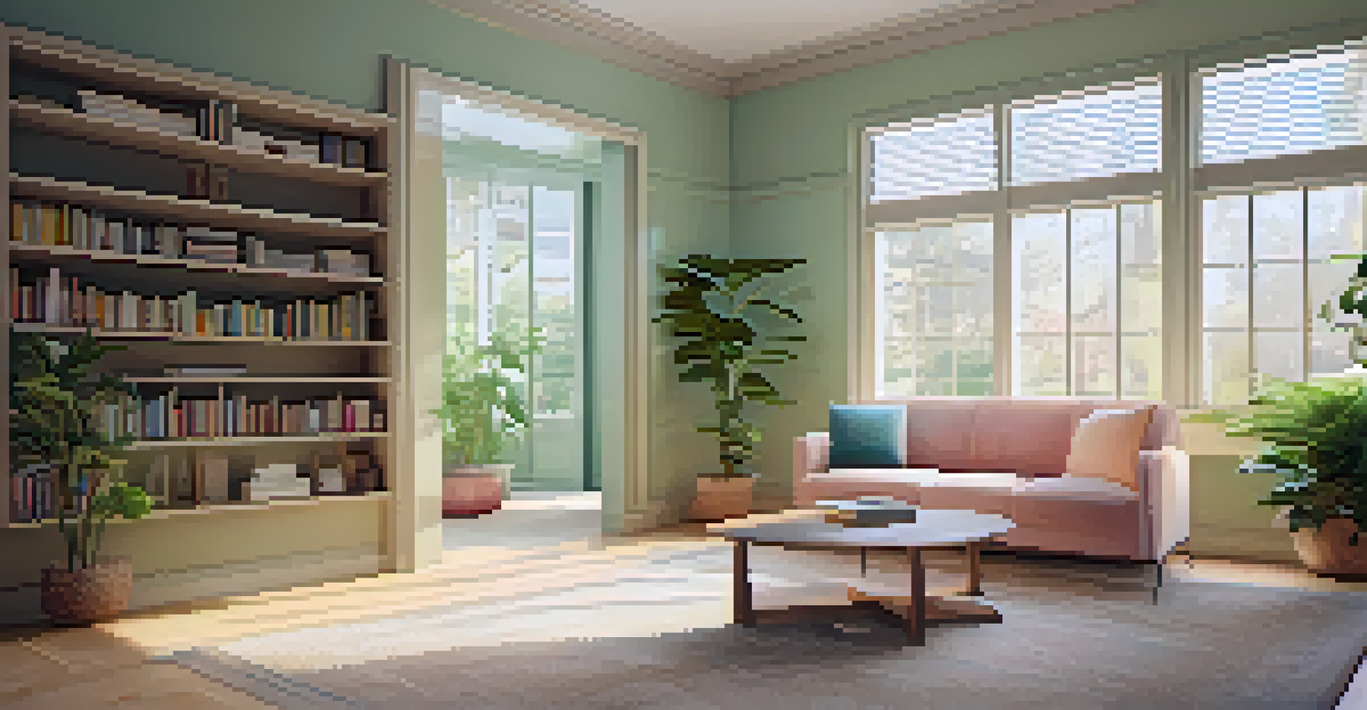 A cozy therapy room with natural light, comfortable couch, and a view of a tranquil garden, promoting a welcoming atmosphere.