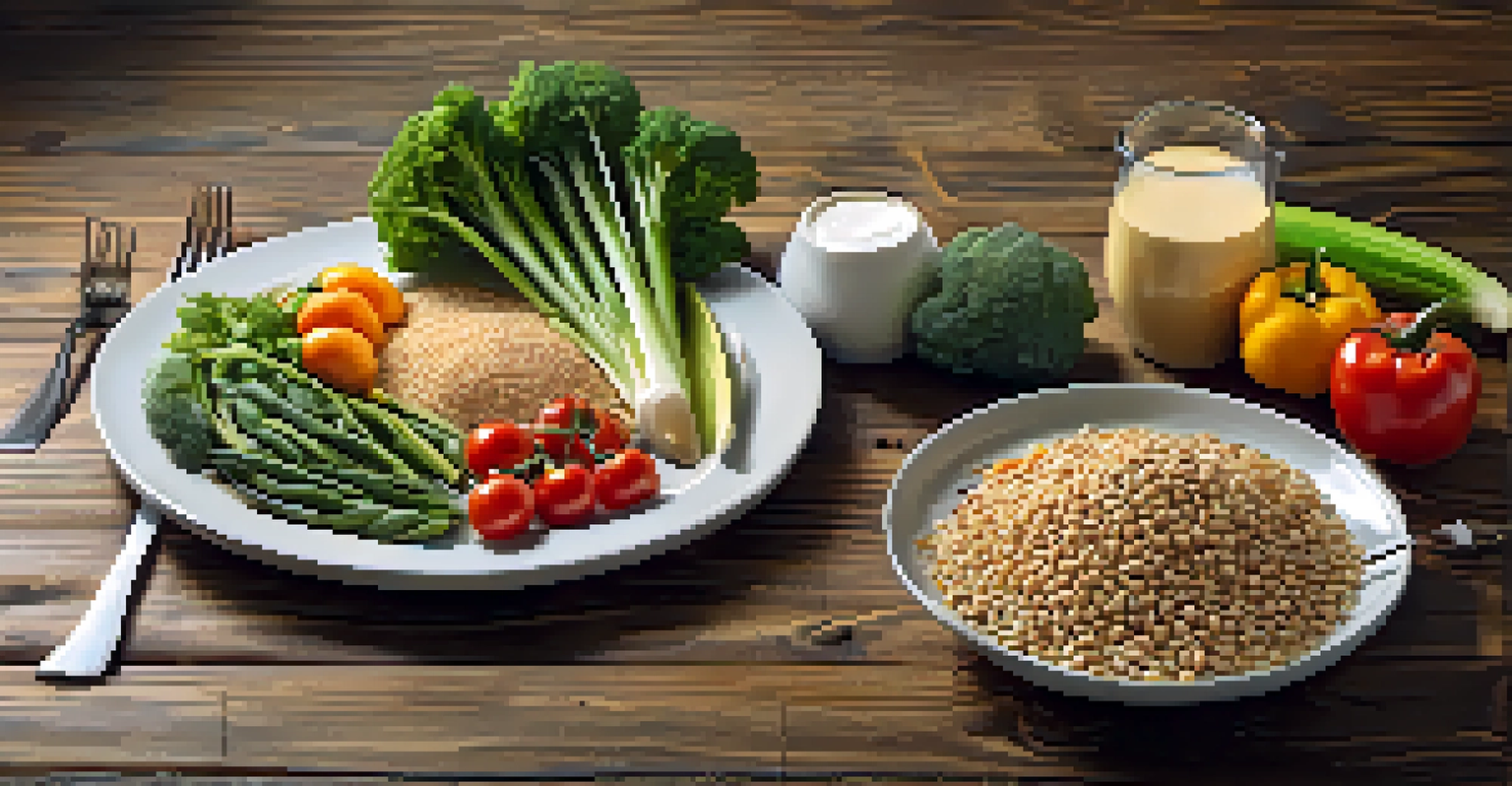 A close-up of a balanced meal on a plate with whole grains, lean protein, and colorful vegetables, set on a wooden table.