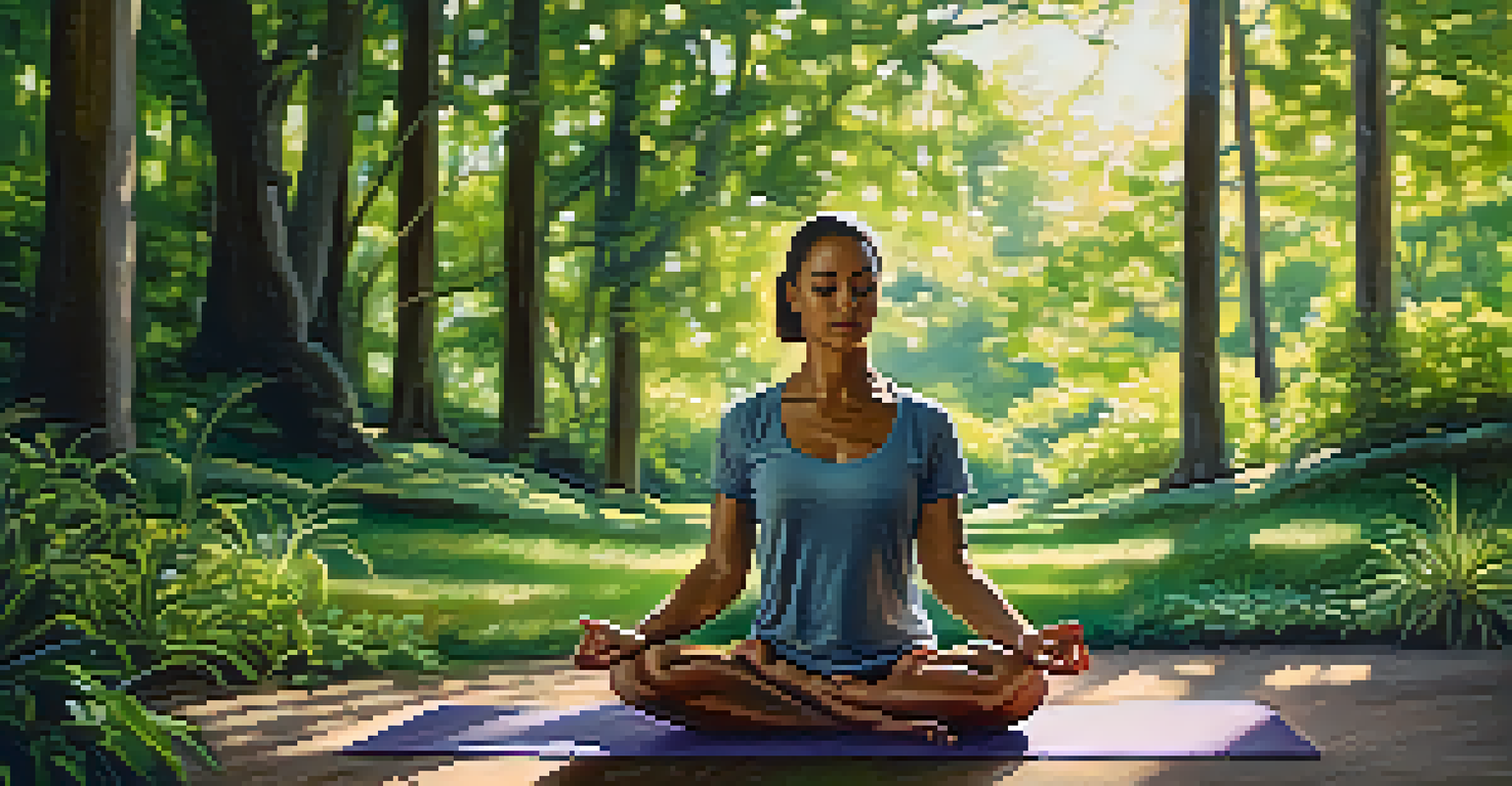 A person practicing yoga in a peaceful outdoor setting, surrounded by nature and dappled sunlight, symbolizing balance and wellness.