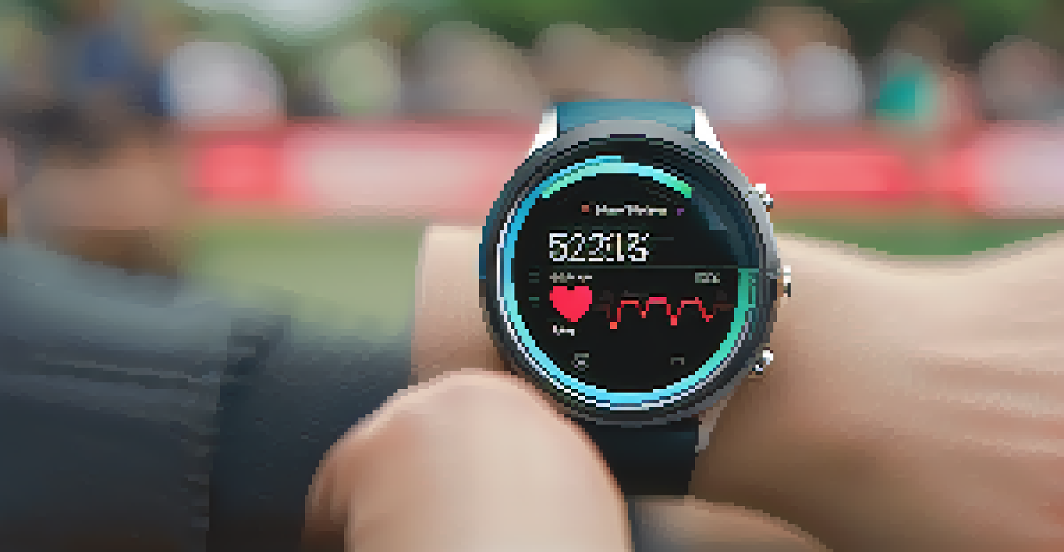 A close-up of a smartwatch showing health metrics, with a blurred background of a person exercising outdoors.