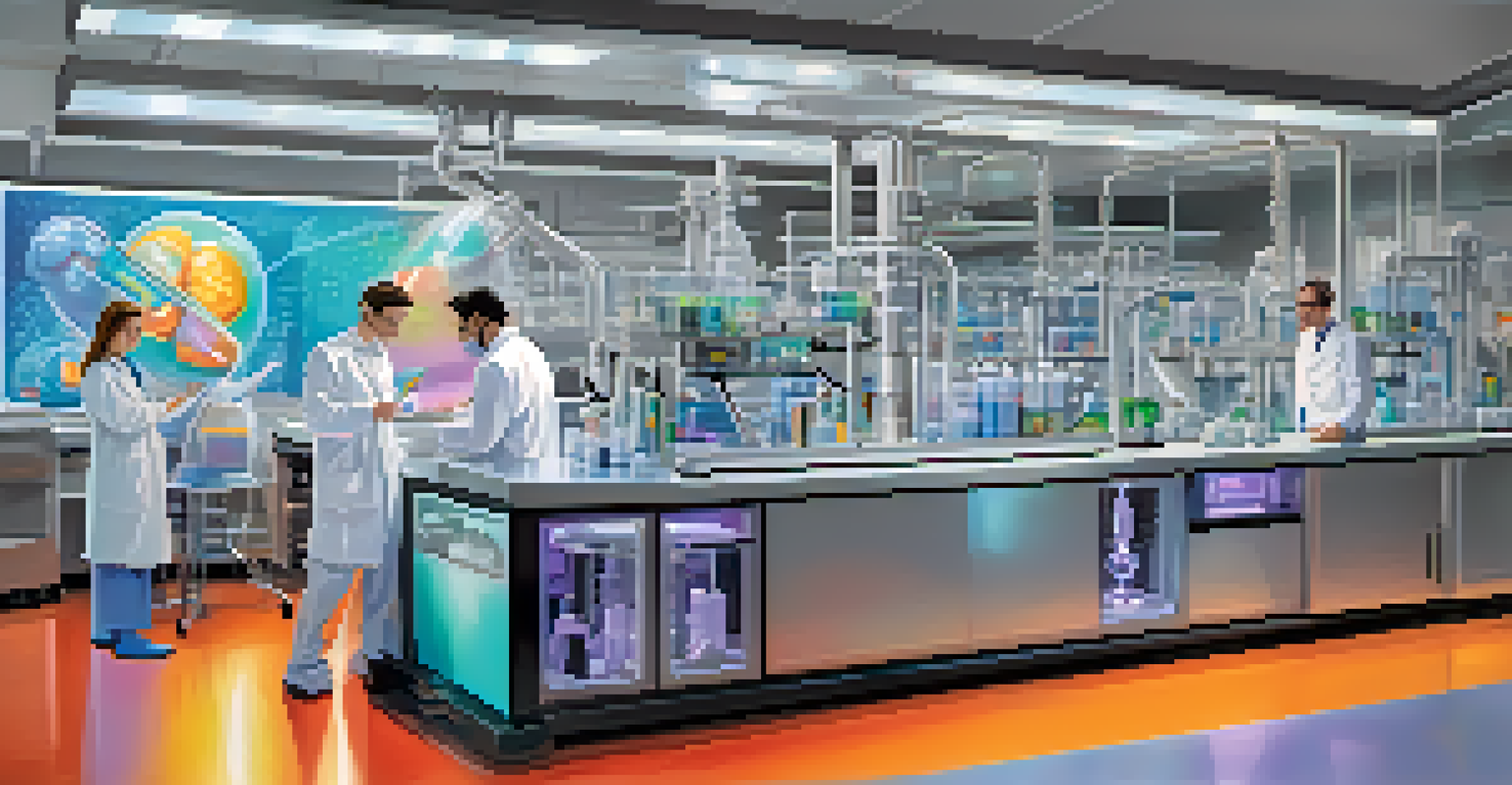 A futuristic laboratory with scientists using 3D printing technology to create custom drug dosages, featuring high-tech equipment and vibrant screens.