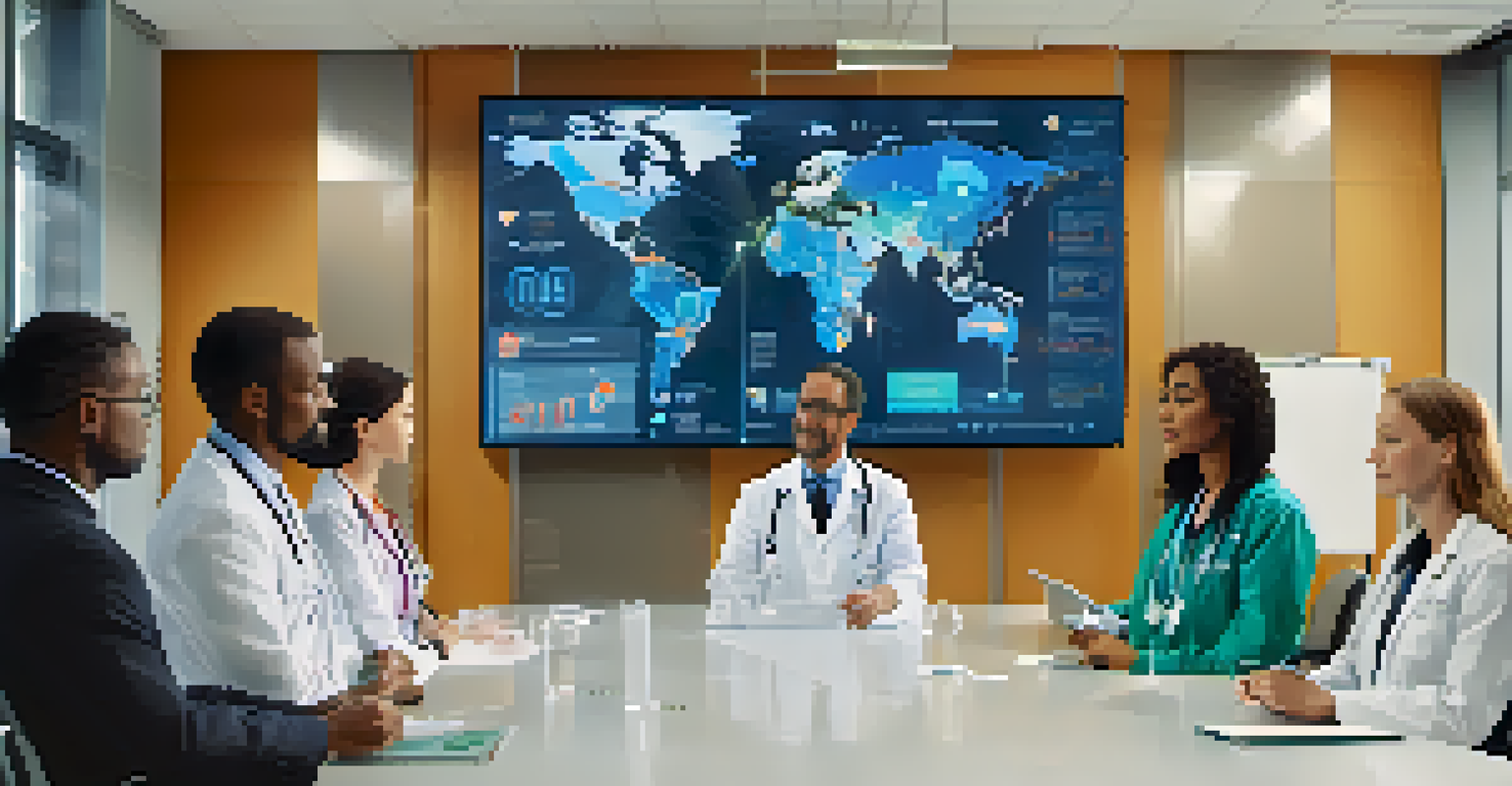 A diverse team of healthcare professionals collaborating over AI analytics in a modern conference room.
