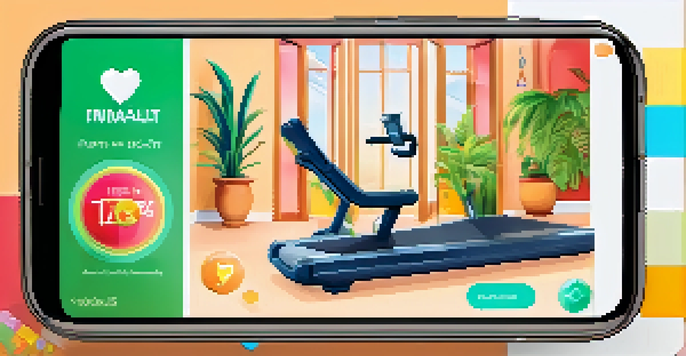 A smartphone displaying a gamified healthcare app with colorful badges and points, set in a bright room with plants and fitness equipment.