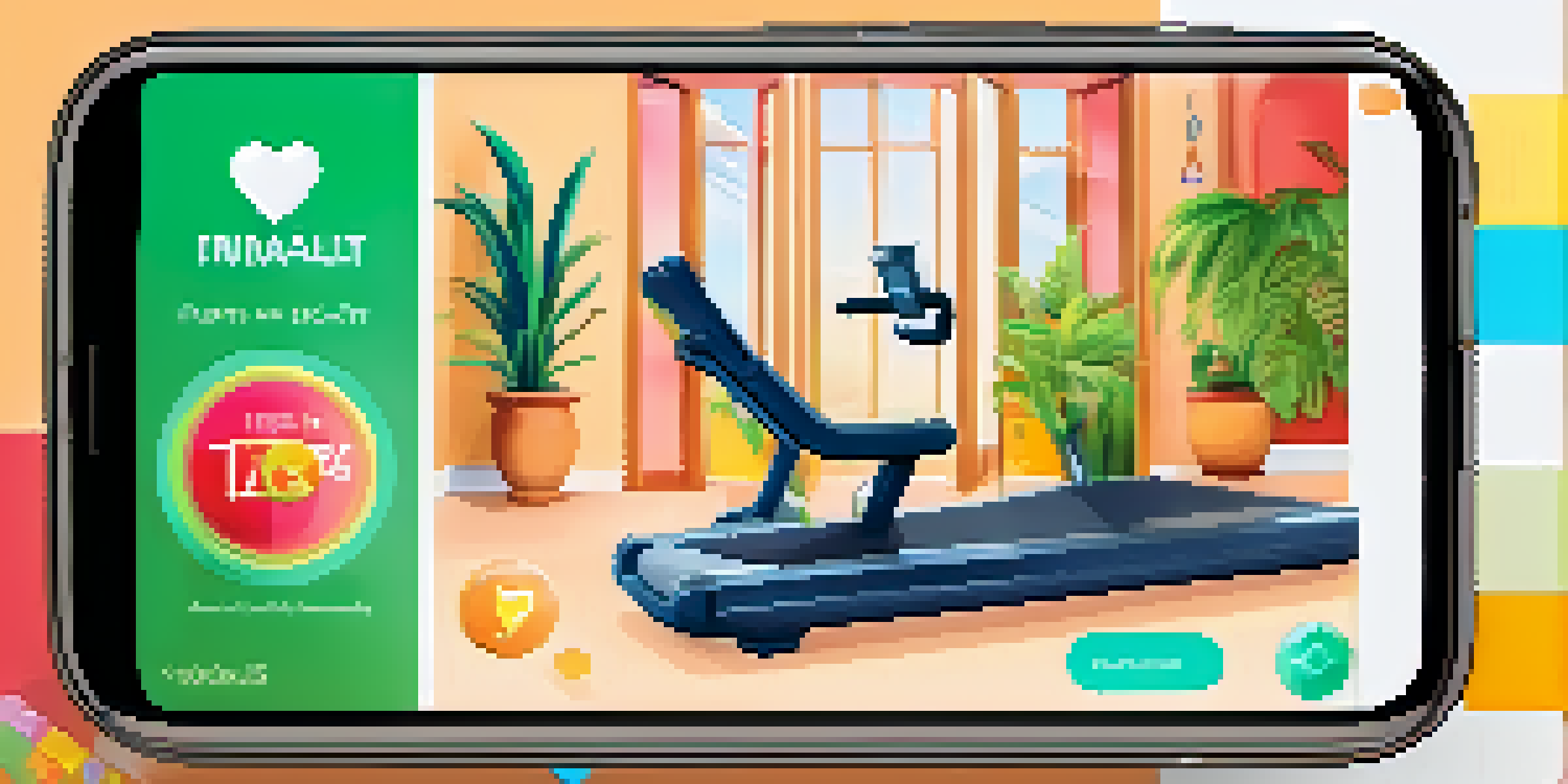A smartphone displaying a gamified healthcare app with colorful badges and points, set in a bright room with plants and fitness equipment.