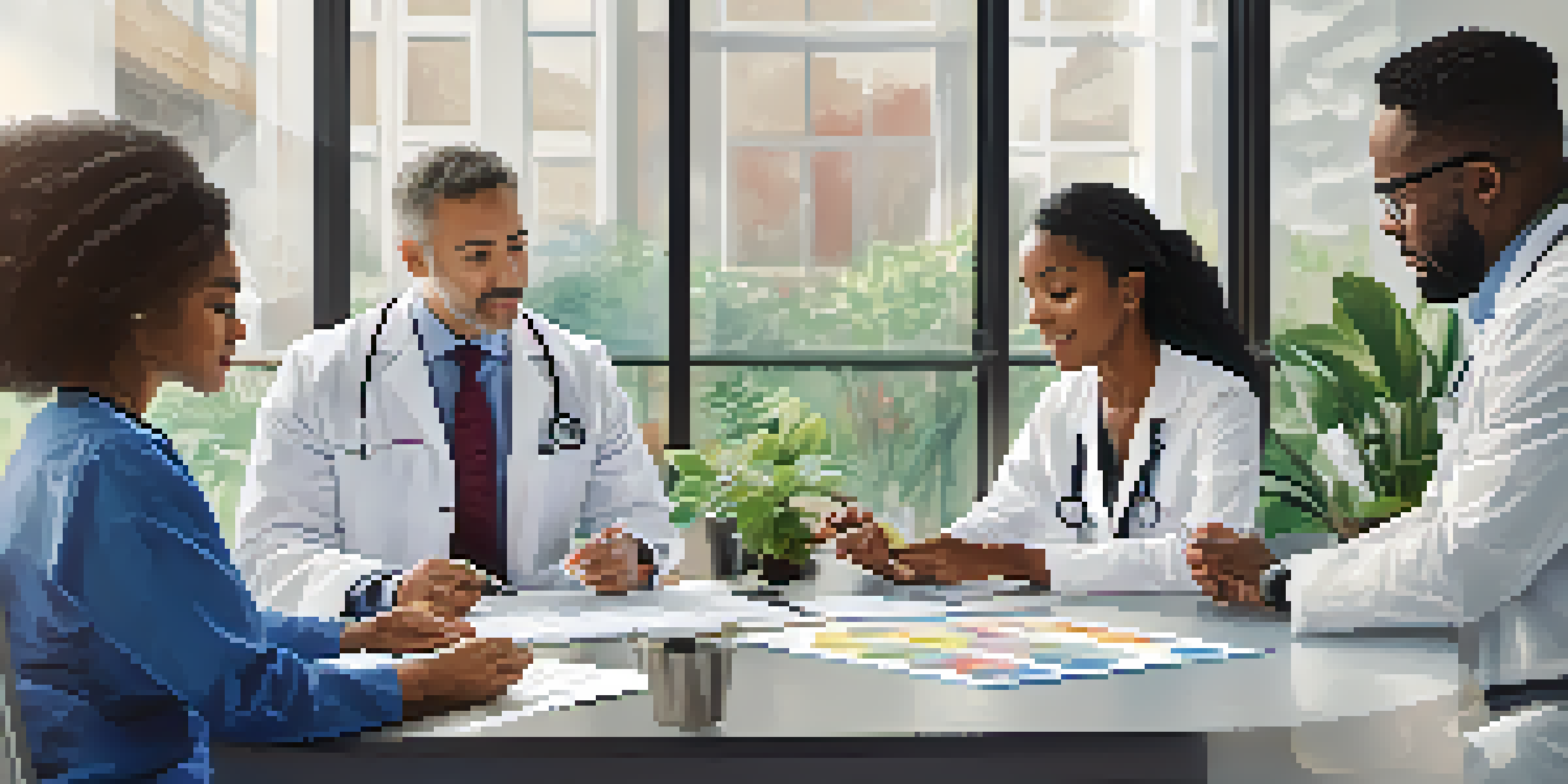 A group of healthcare professionals collaborating around a table with medical charts and a laptop in a well-lit room.