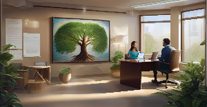 A cozy office scene showing a genetic counselor and a client discussing a family tree chart on a laptop, with plants and soft lighting around them.