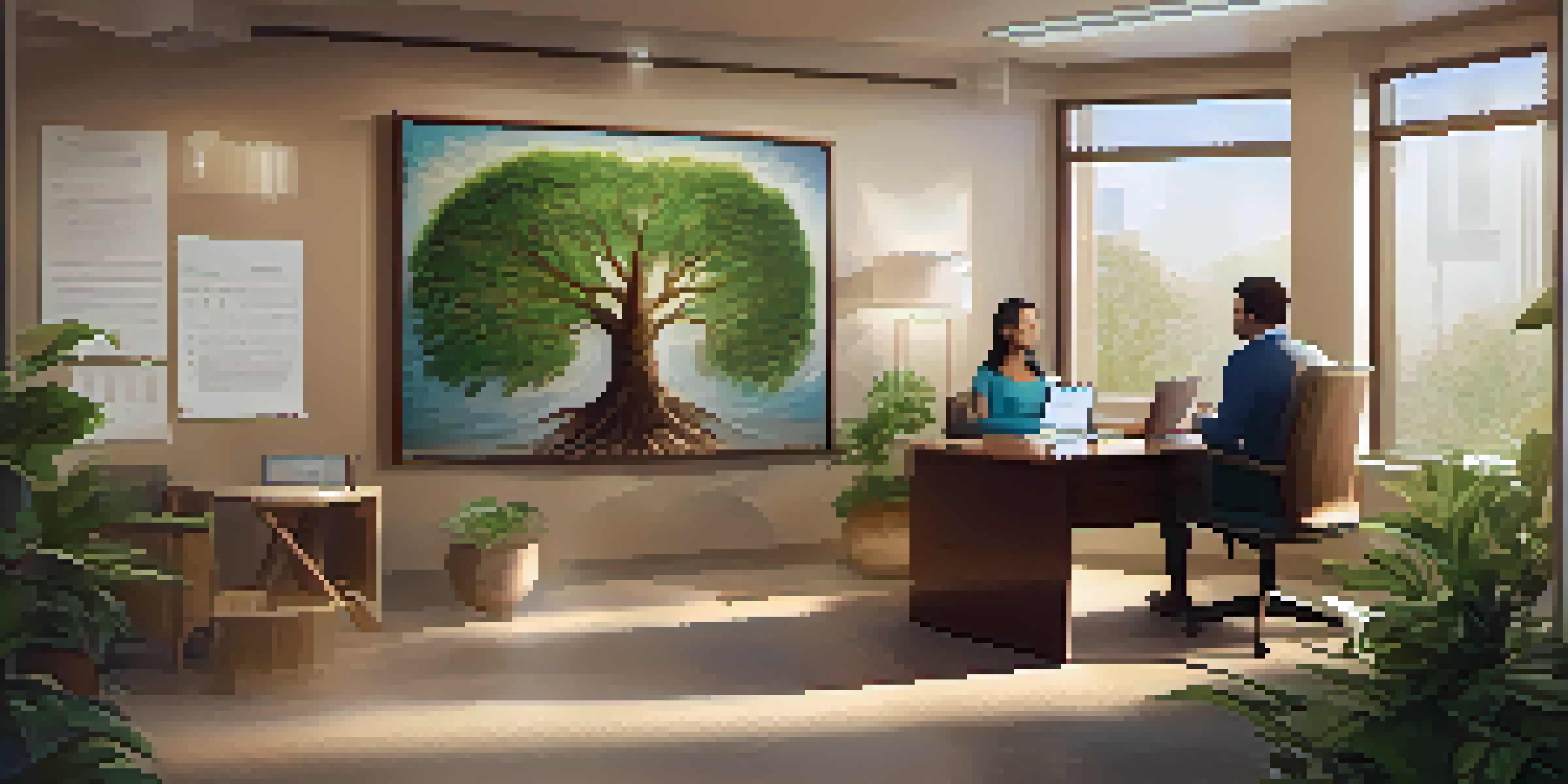 A cozy office scene showing a genetic counselor and a client discussing a family tree chart on a laptop, with plants and soft lighting around them.