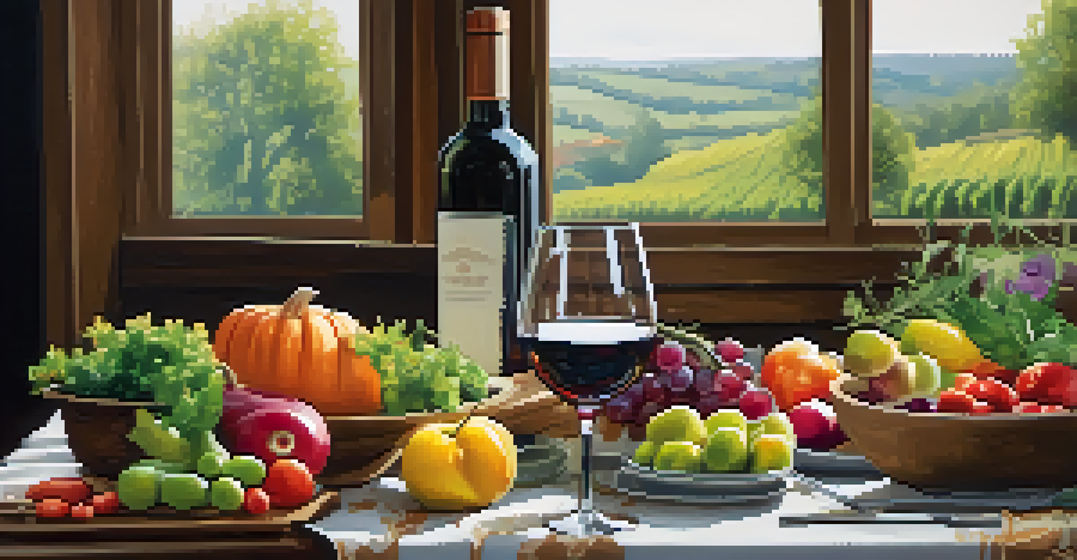 A well-arranged table with a healthy meal, colorful vegetables, fruits, and a glass of red wine under soft natural lighting.