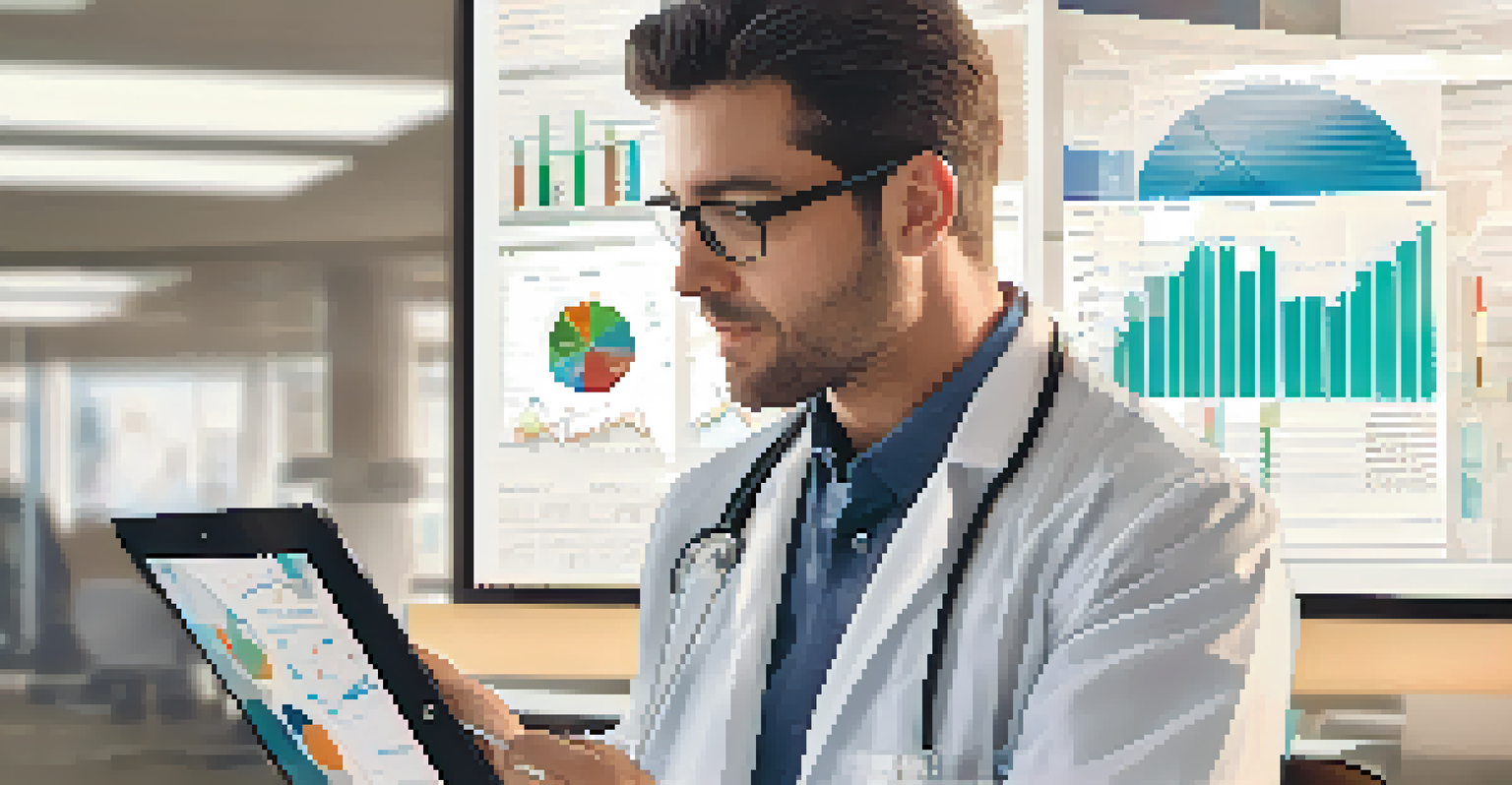 A healthcare professional analyzing patient data on a tablet in a well-lit office with charts in the background.