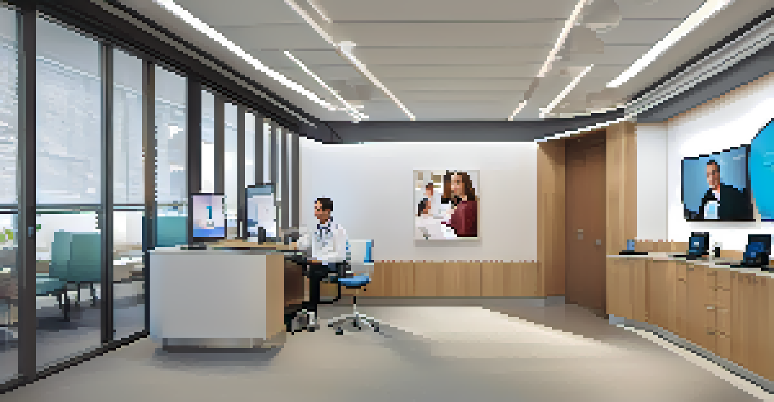 A modern telehealth clinic interior with healthcare professionals conducting virtual consultations using advanced technology in a bright and welcoming environment.