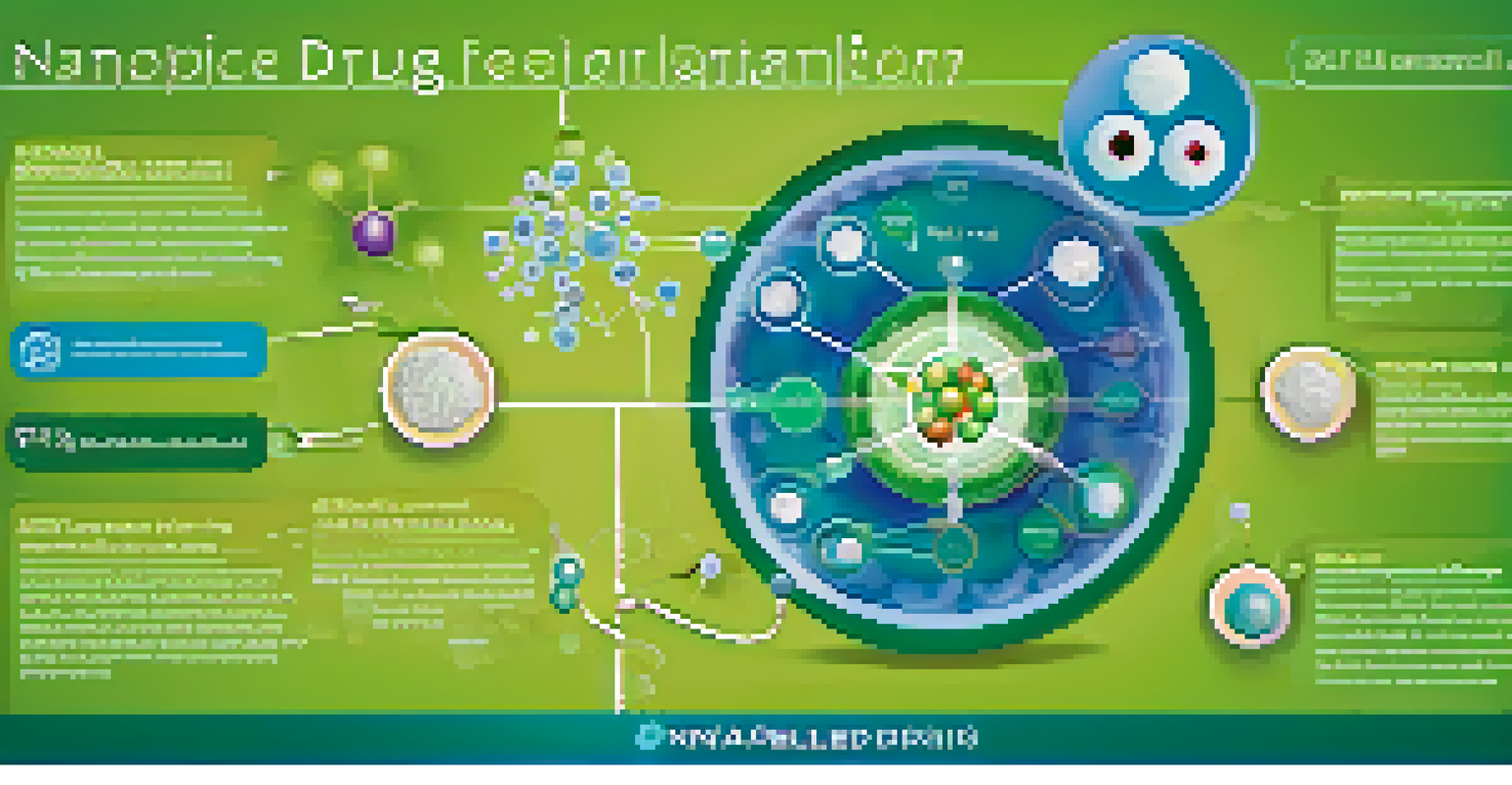 Infographic illustrating the process of targeted drug delivery using nanoparticles, with labeled sections and icons.