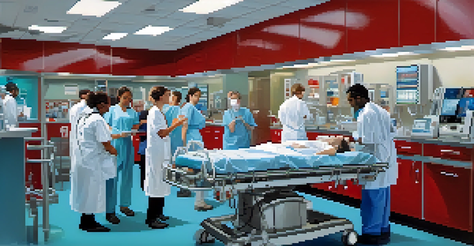 An emergency physician attending to a patient on a stretcher in a bustling emergency department, surrounded by medical staff and equipment.