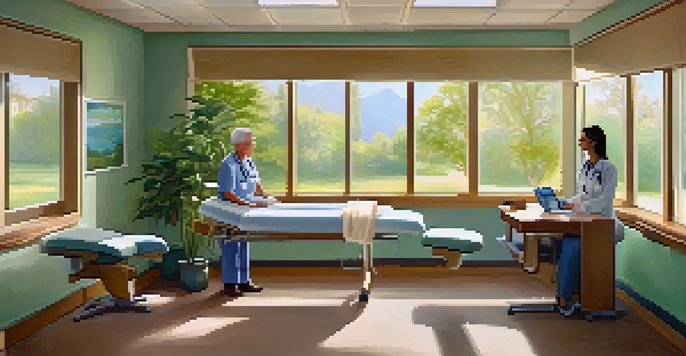 A cozy healthcare consultation room with sunlight, featuring a healthcare provider talking to a relaxed patient.