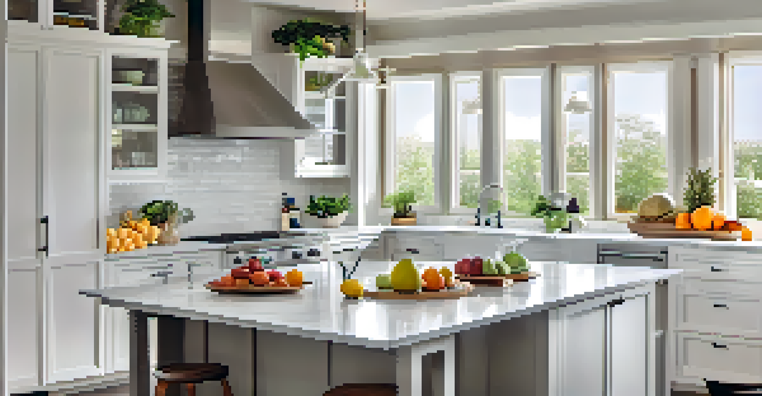 A modern kitchen with white cabinets, fresh produce, and natural light.