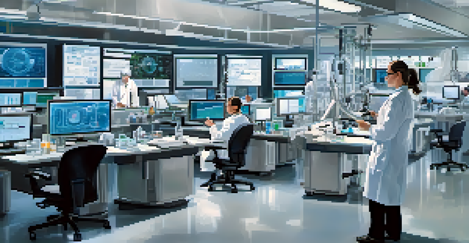 Scientists in a modern laboratory working with advanced technology and data analytics, showcasing innovation in translational medicine.