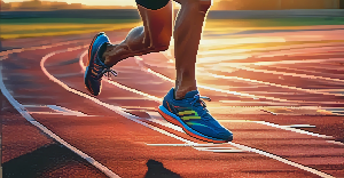 A runner in bright athletic gear sprinting on a track during sunset, with visible muscle definition and a focused expression.