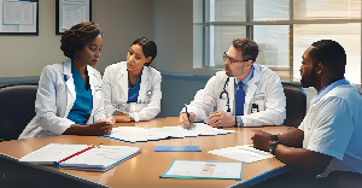 A diverse healthcare team discussing a patient's treatment plan in a conference room, emphasizing collaboration and teamwork.