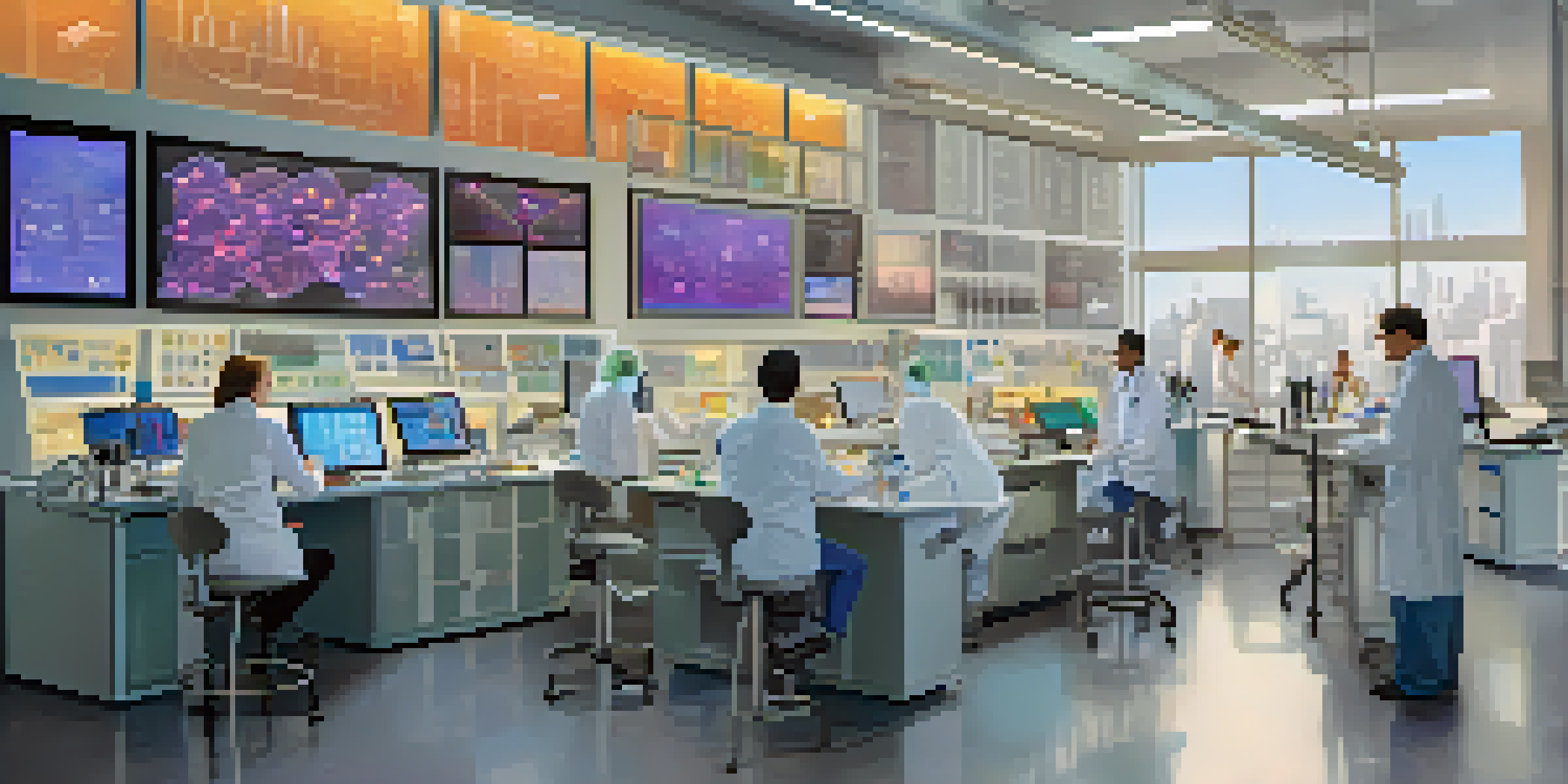 A laboratory scene with researchers working together, surrounded by high-tech equipment and colorful data displays.