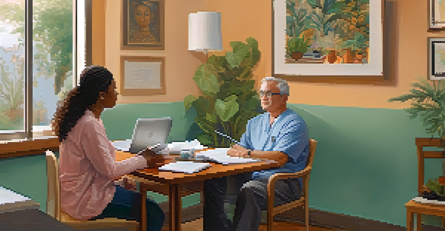A patient advocate listening to a patient in a cozy consultation room, taking notes and showing empathy.