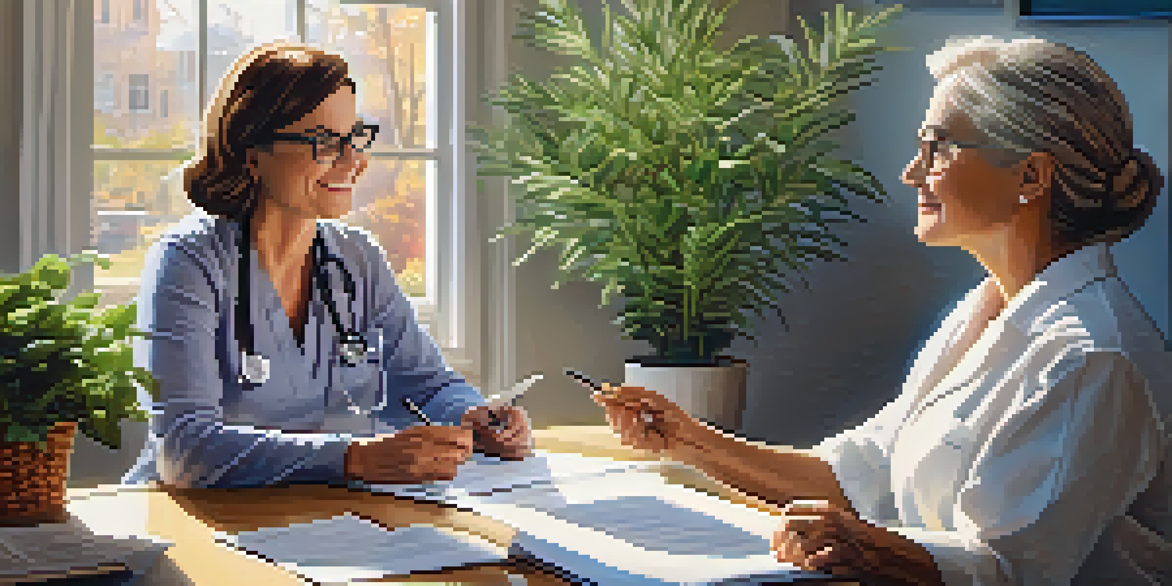 A patient advocate engaging with a patient in a well-lit office filled with plants, documents on the table, and a warm atmosphere.