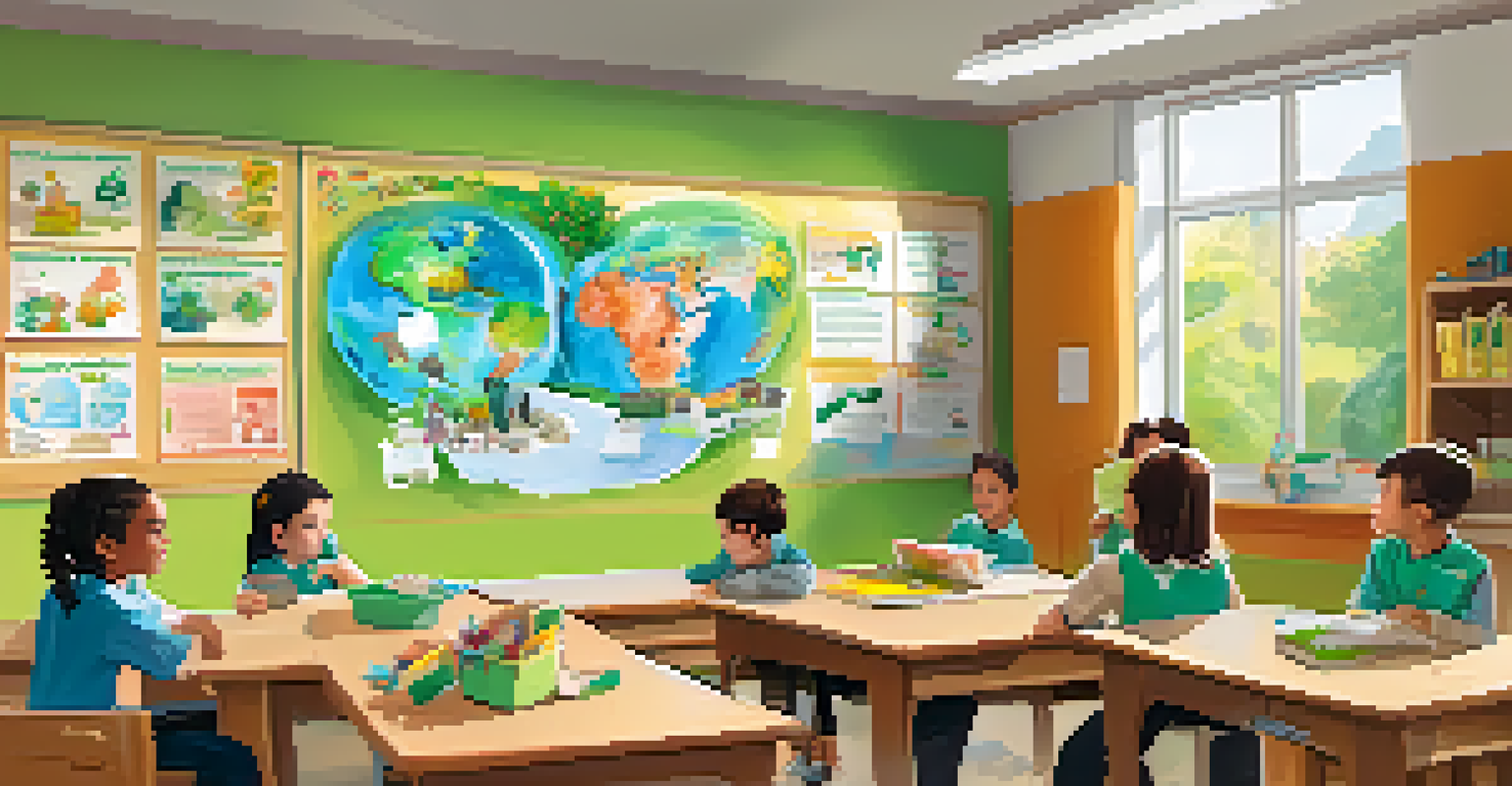 A classroom filled with children learning about environmental health, with vibrant educational materials and an engaging teacher.