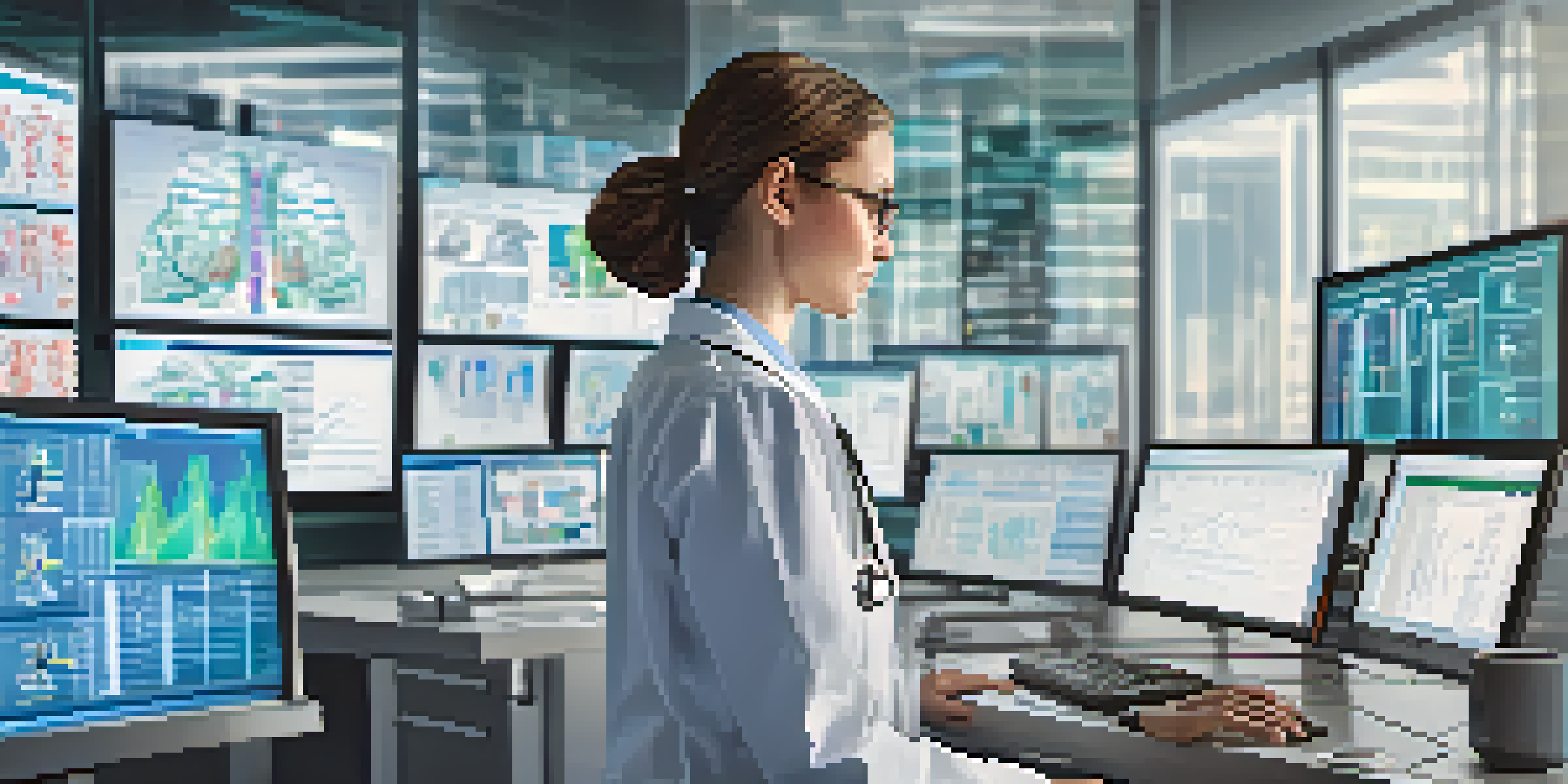A doctor examining medical images on screens in a modern office, showcasing the integration of AI in healthcare.