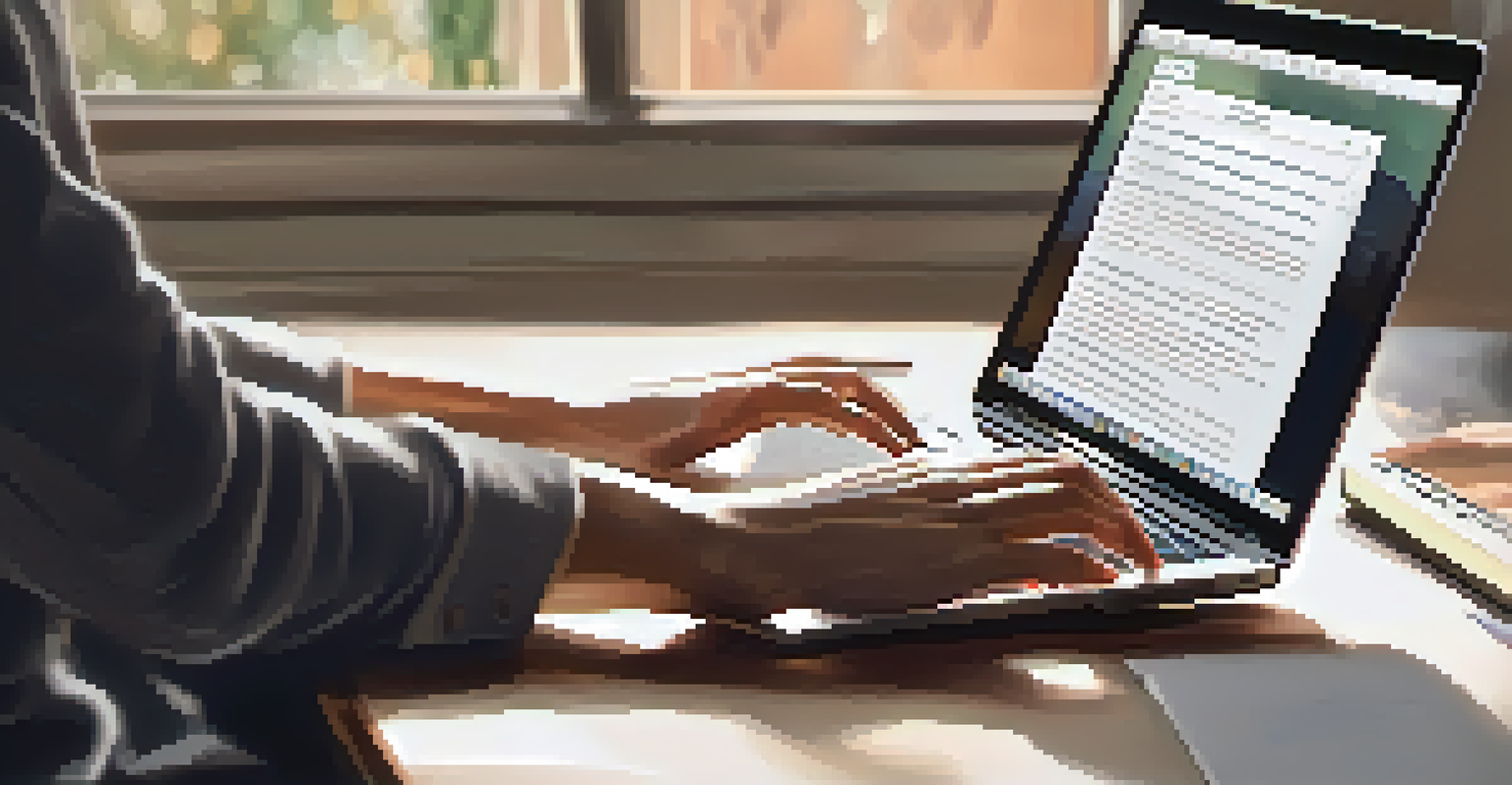 A close-up of a therapist typing on a laptop in a serene workspace, with a notebook and natural light in the background.