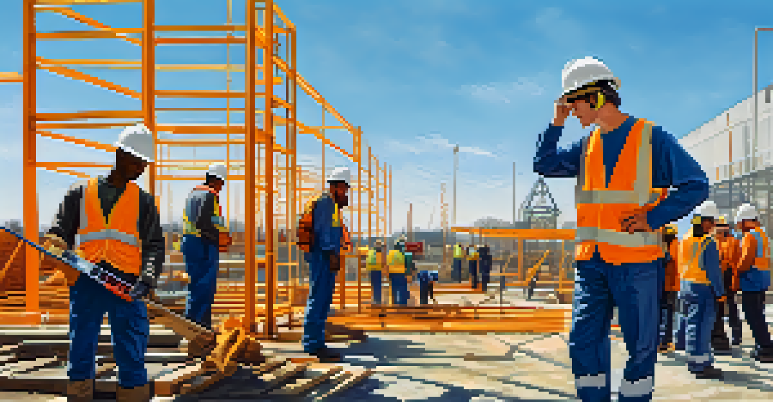 Workers at a construction site performing a safety audit, wearing helmets and safety gear.