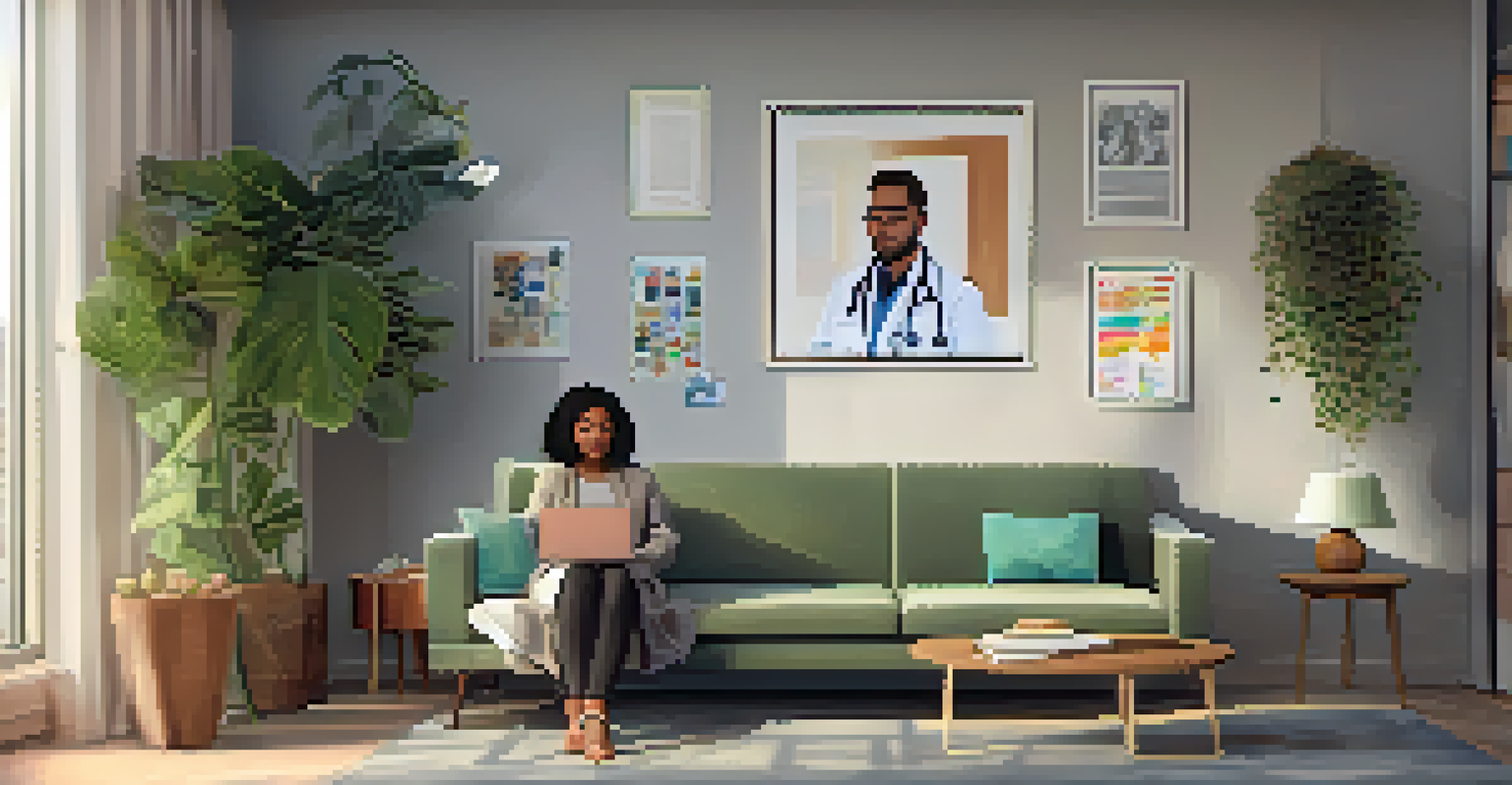 A person having a telehealth appointment at home, sitting on a couch with a laptop showing a doctor on the screen, in a cozy and modern room.