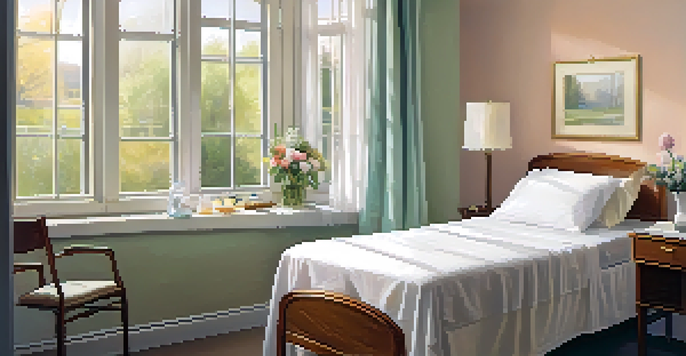 A peaceful hospital room with a bed, natural light, and a healthcare provider talking to a patient.