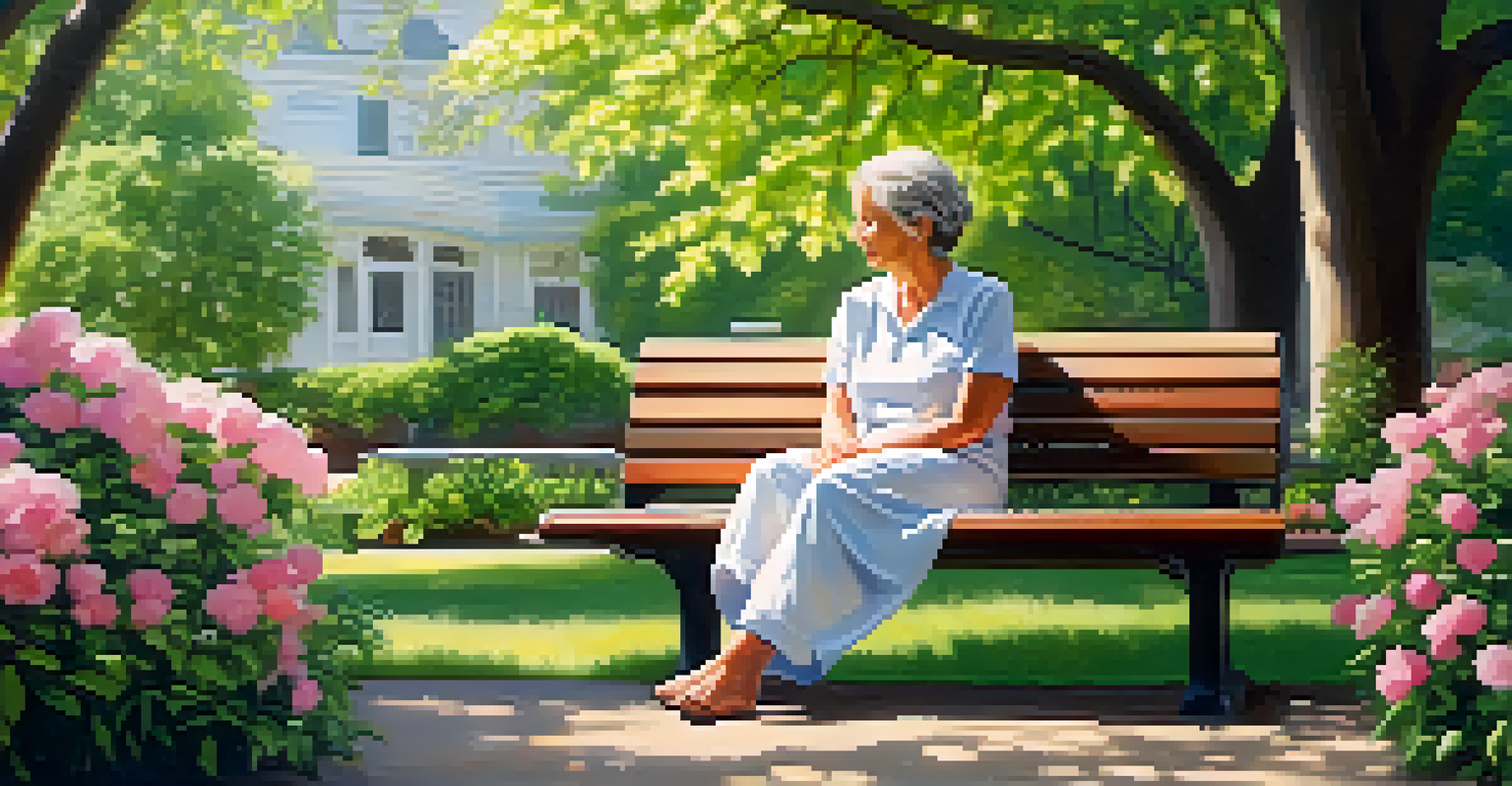 A cancer survivor sitting on a park bench in a blooming park, surrounded by flowers and greenery, enjoying a moment of peace.