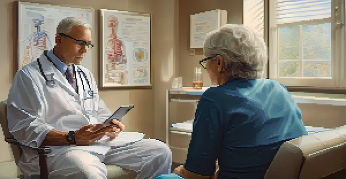 A healthcare provider explaining treatment options to an elderly woman in a consultation room, using a tablet.