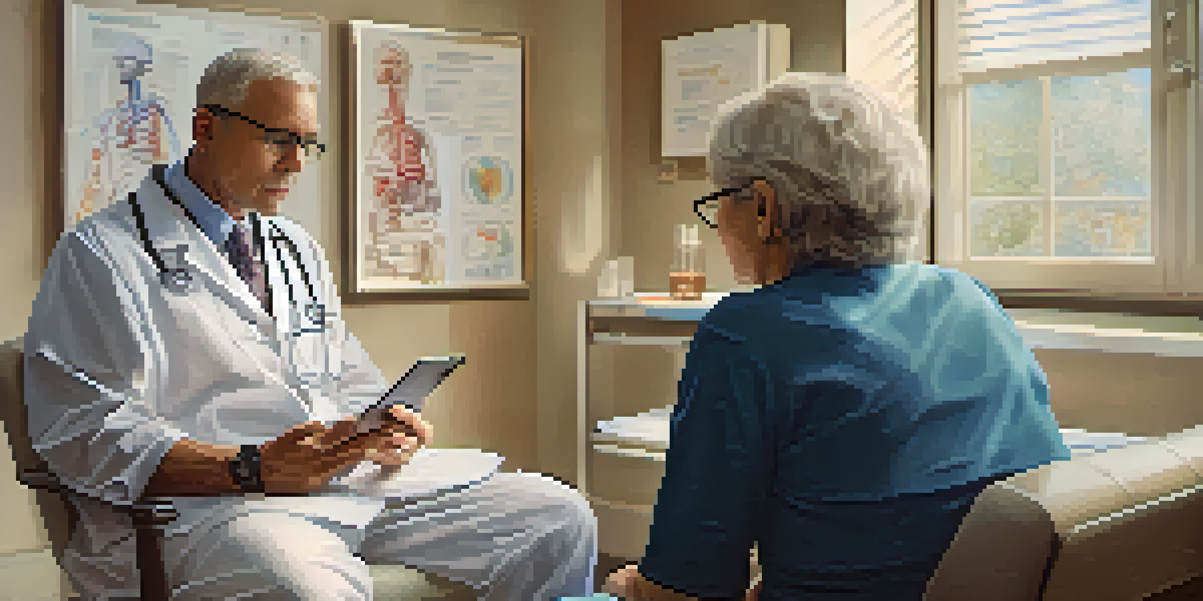 A healthcare provider explaining treatment options to an elderly woman in a consultation room, using a tablet.