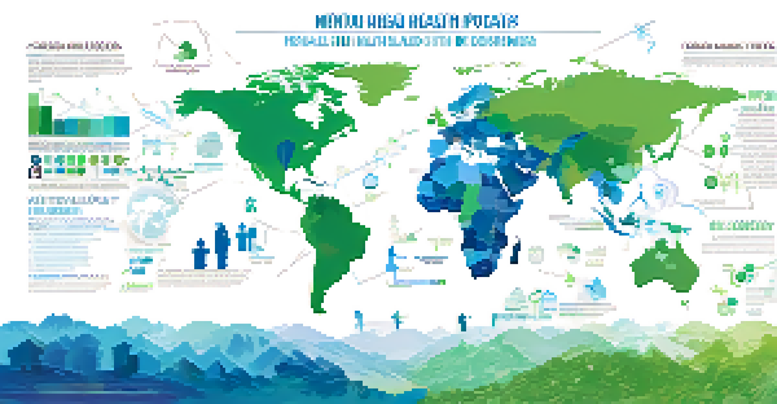 An infographic showing a world map with statistics on mental health disorders, featuring diverse figures and icons for awareness.