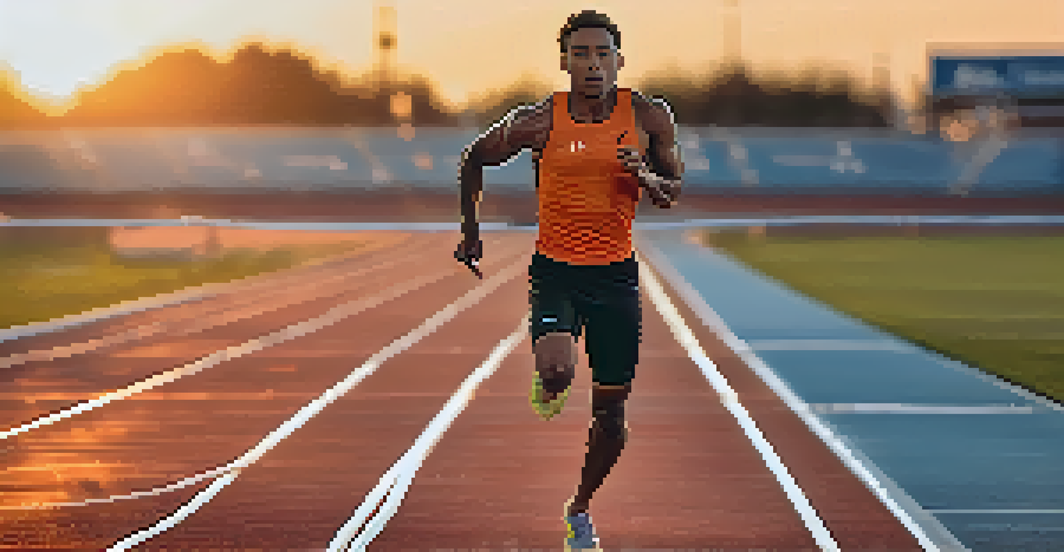 An athlete running on a track at sunset with a water bottle nearby.