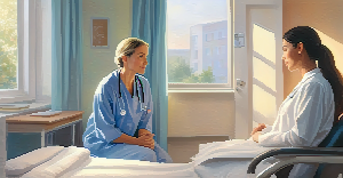 A healthcare provider and a patient engaged in a thoughtful conversation in a bright hospital room, with sunlight streaming through the window.