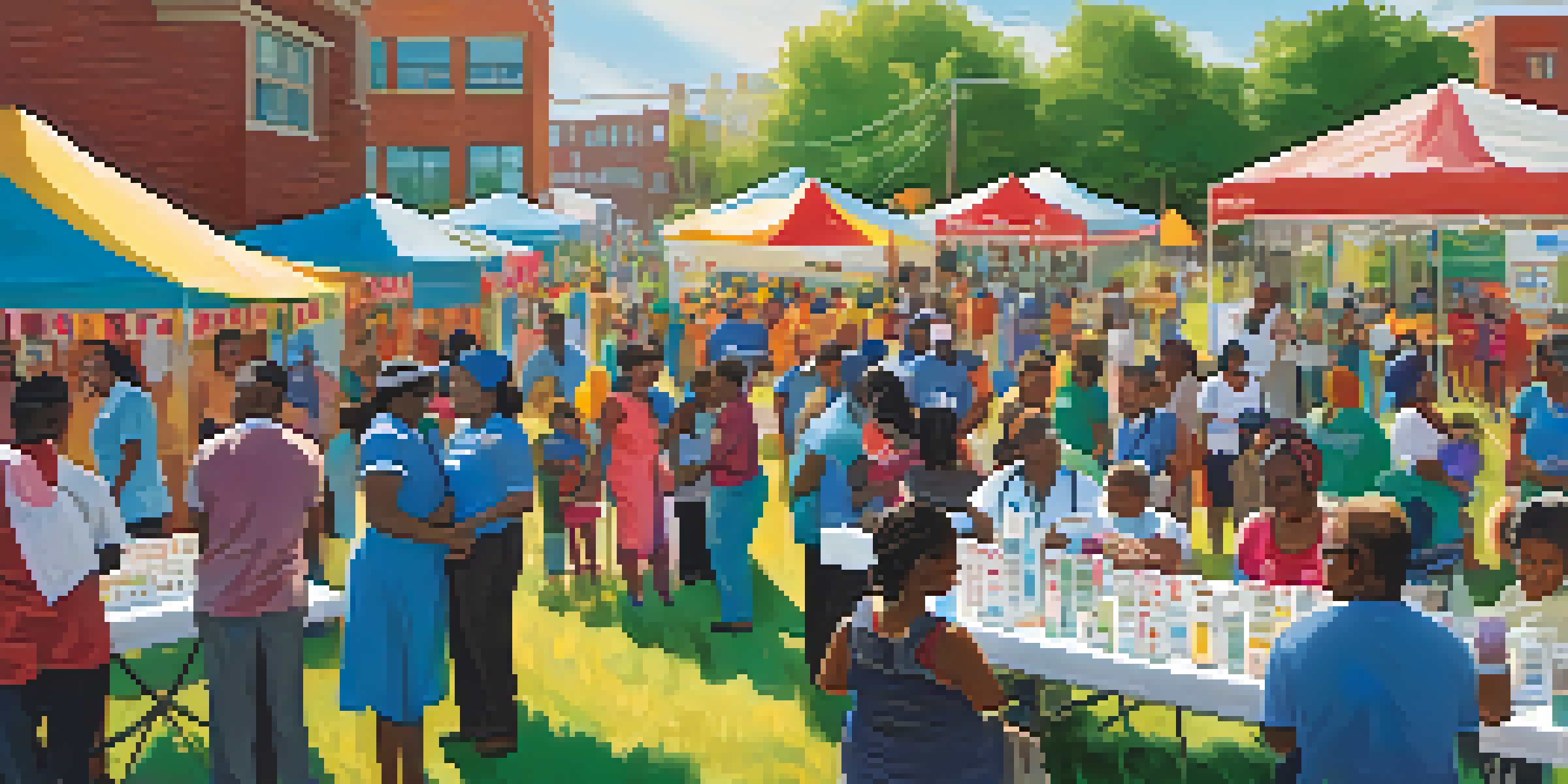 A lively outdoor vaccination event with diverse individuals receiving vaccines, colorful banners, and healthcare workers interacting with the community under bright sunlight.
