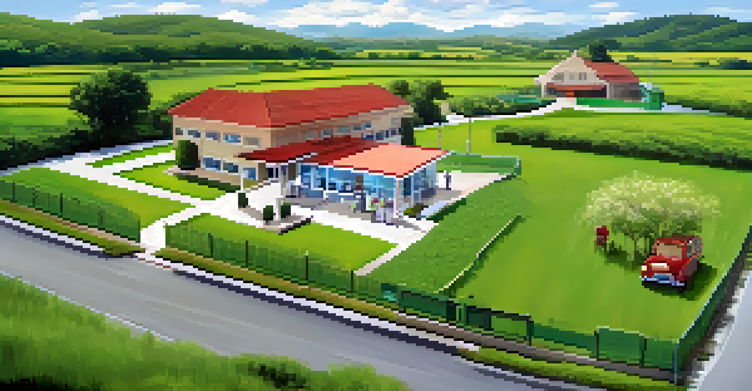 A rural healthcare clinic with a welcoming sign in multiple languages surrounded by fields.